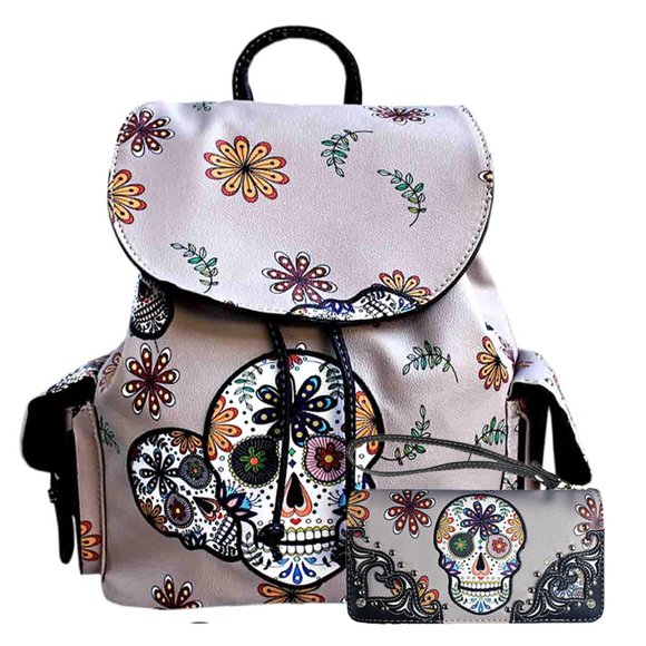 Gray Concealed Sugar Skull Western Backpack Set